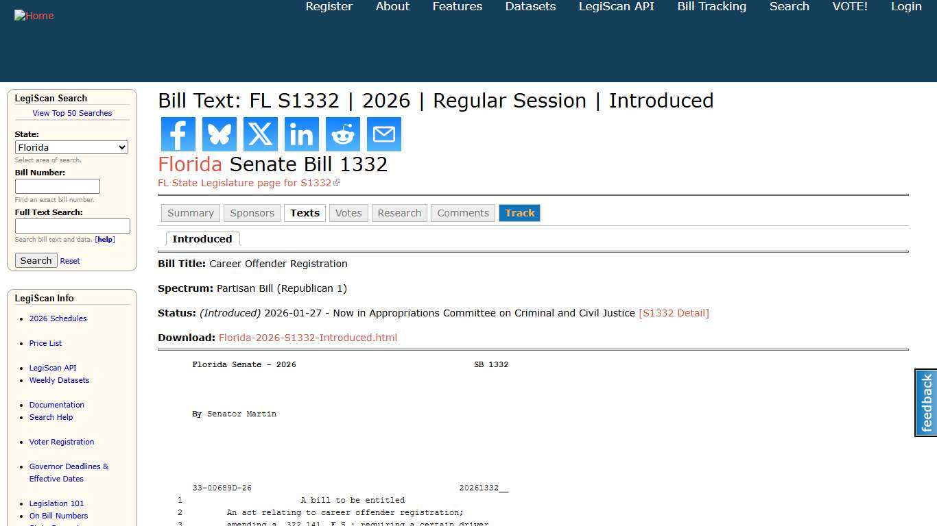 Bill Text: FL S1332 2026 Regular Session Introduced LegiScan