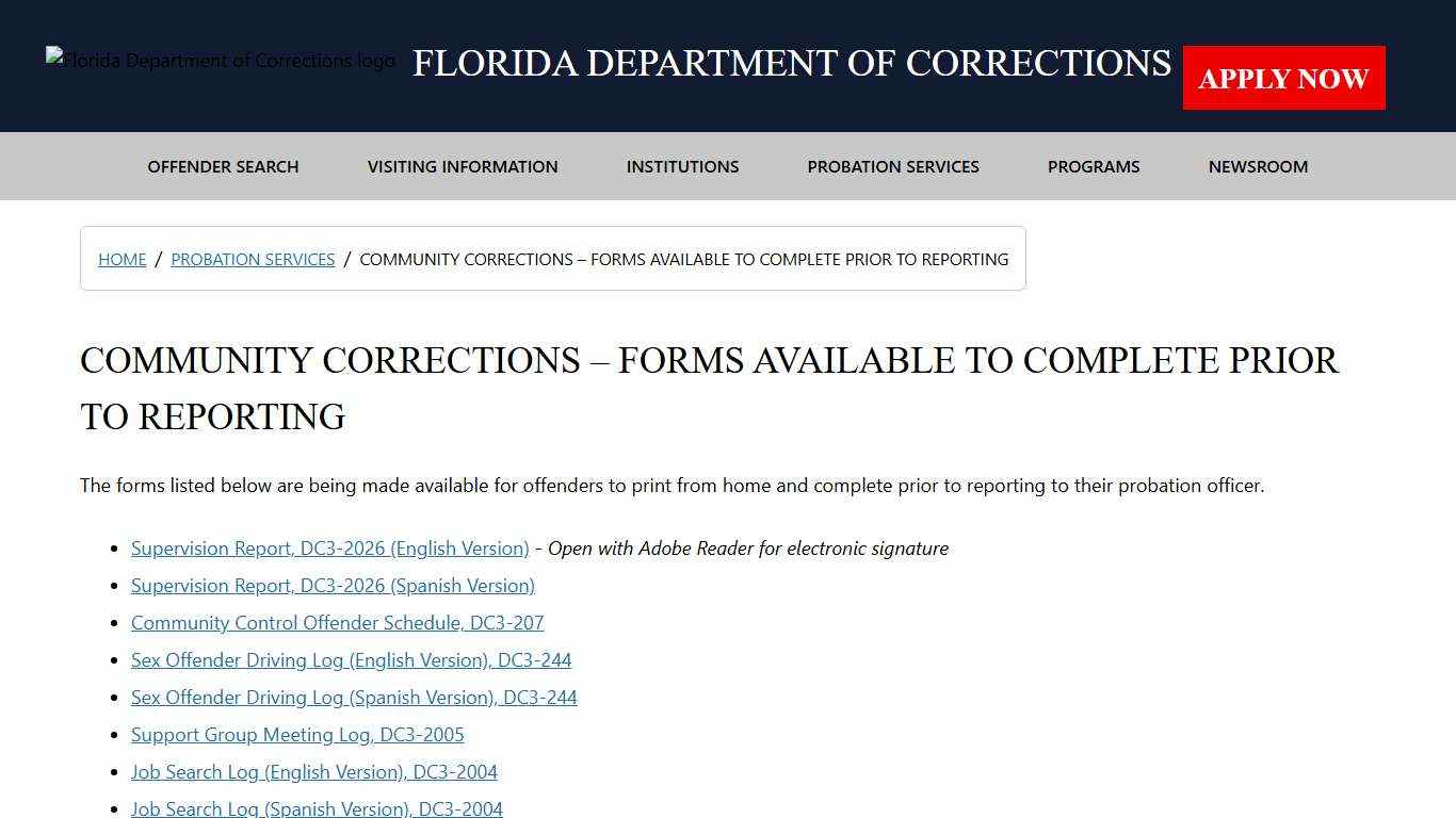 Community Corrections – Forms Available to Complete Prior to Reporting / Probation Services - Florida Department of Corrections